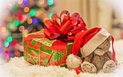 Gift box, teddy bear, Christmas, Happy New year, xmas decoration, gifts, Merry Christmas, xmas