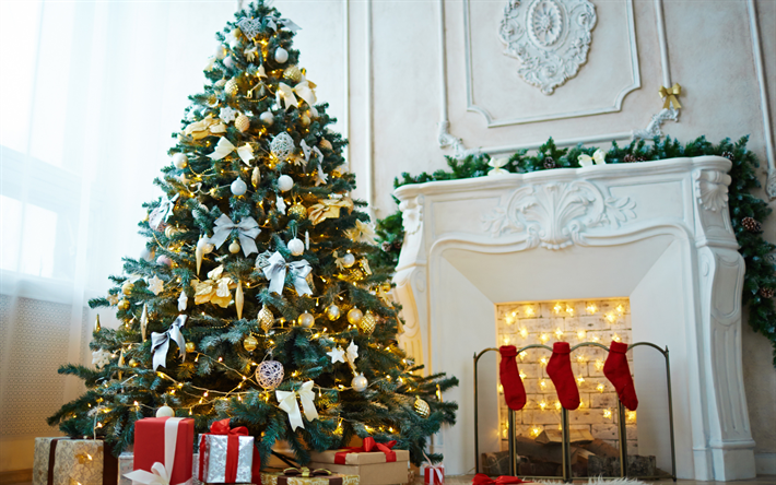 クリスマスツリー, 白い暖炉, 火, 靴下をプレゼント, クリスマスイ
