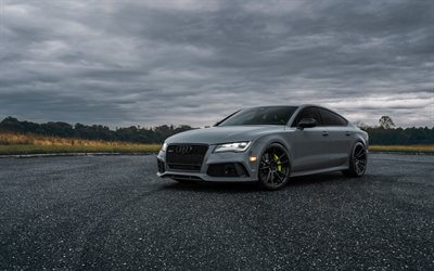 Audi RS7, 2018, front view, gray matt RS7, green calipers, black wheels, tuning, Graphite RS7, Audi
