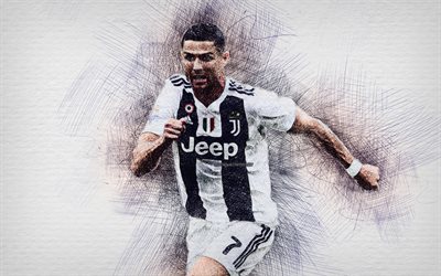 Cristiano Ronaldo, el equipo de dibujo, la Juve, a las estrellas del f&#250;tbol, de la Juventus FC, el delantero, luces de ne&#243;n, de la Serie a, Ronaldo, CR7, dibujo de Cristiano Ronaldo, el portugu&#233;s futbolistas, CR7 la Juve, el f&#250;tbol, lo