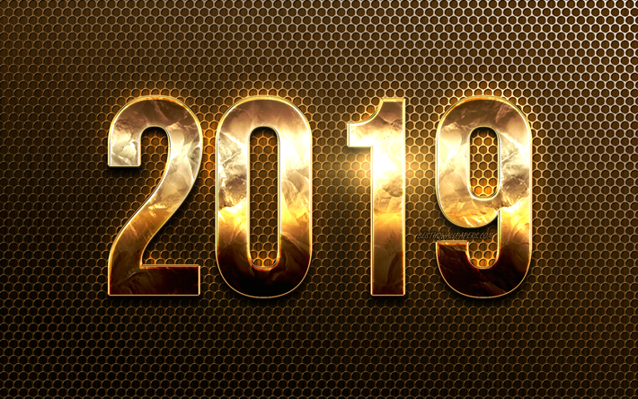 2019 bronze digits, brown background, Happy New Year 2019, brown digits, 2019 concepts, 2019 on metal grid, 2019 year digits