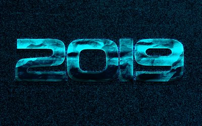2019 year, creative blue background, 2019 concepts, Happy New Year, metallic blue numbers, 2019 blue background, neon light, 2019 design