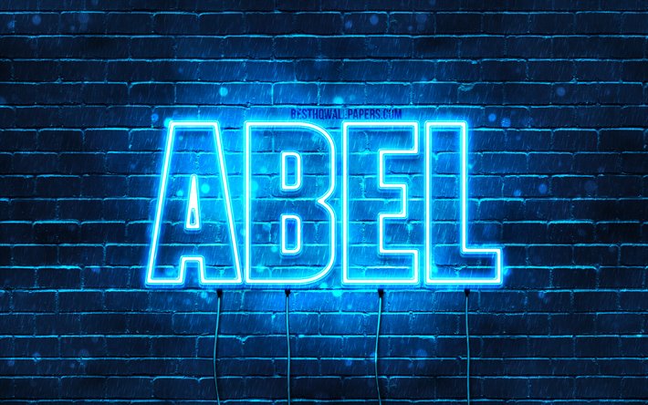 Abel, 4k, sfondi per il desktop con i nomi, il testo orizzontale, Abel nome, neon blu, immagine con nome Abel