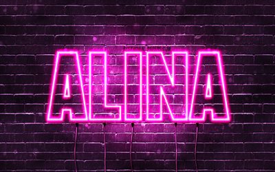 Alina, 4k, wallpapers with names, female names, Alina name, purple neon lights, horizontal text, picture with Alina name