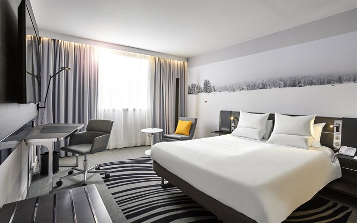 elegante dormitorio interior, de color gris en el dormitorio, paisaje de invierno en la pared, gris elegante cama, el minimalismo en el dormitorio