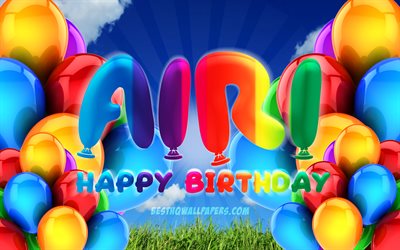 Airi Happy Birthday, 4k, cloudy sky background, female names, Birthday Party, colorful ballons, Airi name, Happy Birthday Airi, Birthday concept, Airi