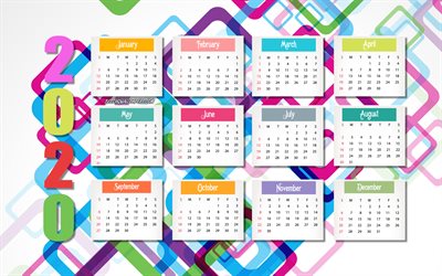 2020 Calendario, 4k, colorato astratto sfondo, il 2020 tutti i mesi del Calendario per il 2020, 2020 abstract calendario, tutti i mesi, 2020 concetti