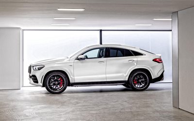 Mercedes-Benz GLE Coupe, 2020, side view, exterior, white SUV, new white GLE Coupe, german cars, Mercedes