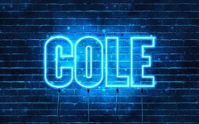 Cole, 4k, sfondi per il desktop con i nomi, il testo orizzontale, Cole nome, neon blu, immagine con nome Cole