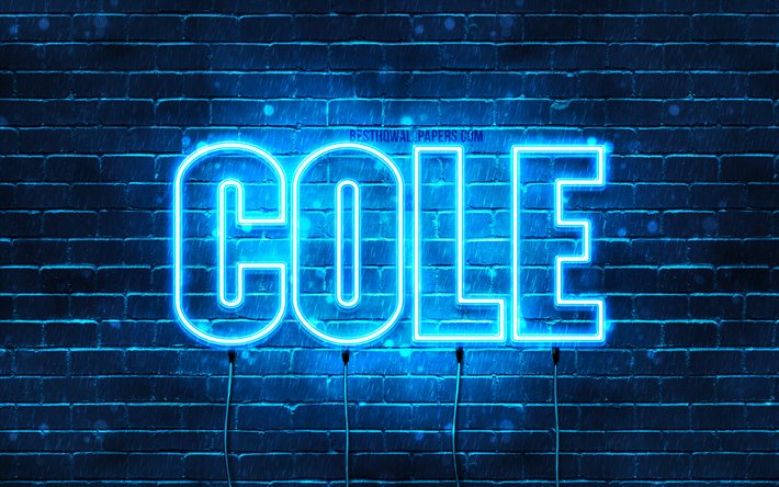 Cole, 4k, les papiers peints avec les noms, le texte horizontal, Cole nom, bleu n&#233;on, photo avec Cole nom