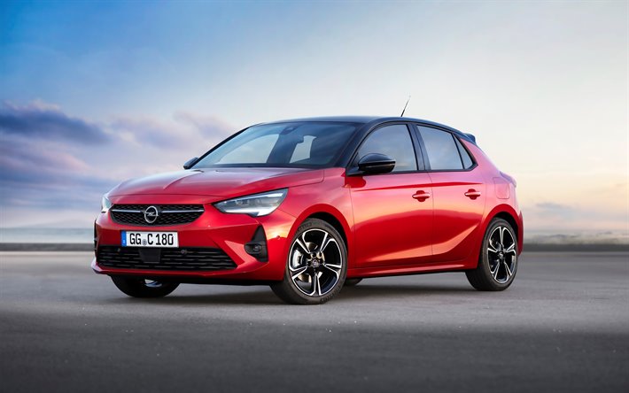 2020, Opel Corsa, exterior, front view, red hatchback, new red Corsa, German cars, Opel