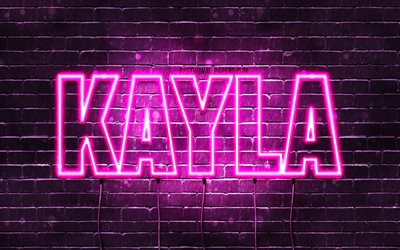 Kayla, 4k, wallpapers with names, female names, Kayla name, purple neon lights, horizontal text, picture with Kayla name