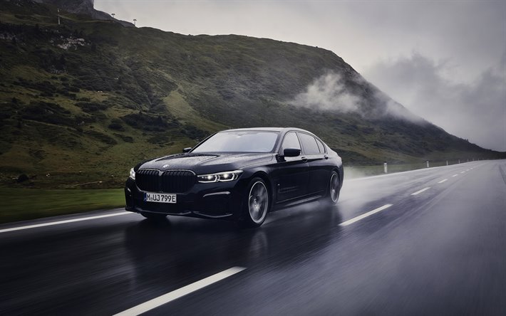 BMW 7, 2020, G12, 745Le xDrive, vista frontal, limousine preto, novo BMW preto 7, molhado de condu&#231;&#227;o, andar na chuva conceitos, BMW