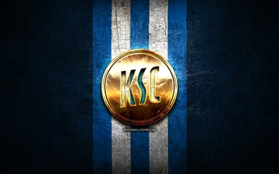 Karlsruhe FC, ouro logotipo, Bundesliga 2, metal azul de fundo, futebol, Karlsruher SC, alem&#227;o clube de futebol, Karlsruhe logotipo, Alemanha