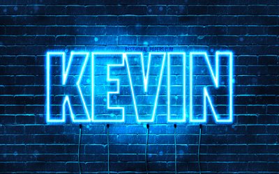 Kevin, 4k, les papiers peints avec les noms, le texte horizontal, Kevin nom, bleu n&#233;on, une photo avec le nom Kevin