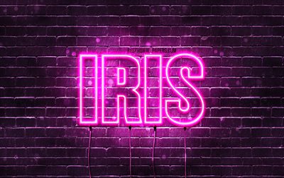 Iris, 4k, tapeter med namn, kvinnliga namn, Iris namn, lila neon lights, &#246;vergripande text, bild med Iris namn
