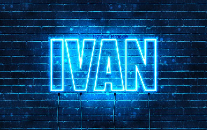 Ivan, 4k, les papiers peints avec les noms, le texte horizontal, Ivan nom, bleu n&#233;on, une photo avec le nom Ivan