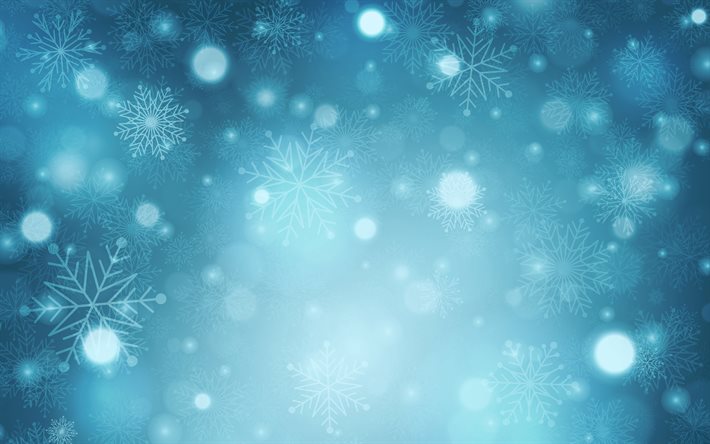 fond bleu avec des flocons de neige, 4k, No&#235;l, Nouvel An, fond de flocons de neige, fond bleu d’hiver, texture d’hiver, fond bleu de No&#235;l