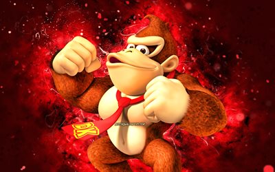 Donkey Kong, 4k, scimmia dei cartoni animati, luci al neon rosse, Super Mario, creativo, personaggi Super Mario, Super Mario Bros, Donkey Kong Super Mario