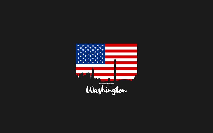 Washington, American cities, Washington silhouette skyline, USA flag, Washington cityscape, American flag, USA, Washington skyline