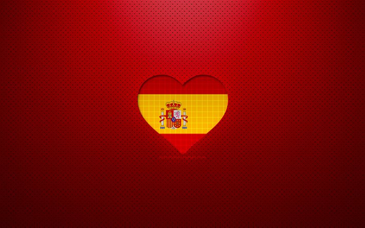 I Love Spain, 4k, Europe, fond pointill&#233; rouge, coeur de drapeau espagnol, Espagne, pays pr&#233;f&#233;r&#233;s, Amour Espagne, Drapeau espagnol