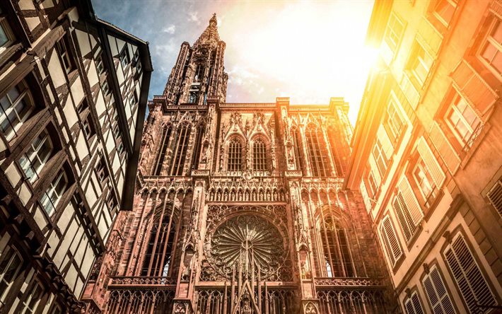 Strasbourgin katedraali, Strasbourg, Katolinen katedraali, ilta, auringonlasku, maamerkki, Ranska, Strasbourgin ladyn katedraali