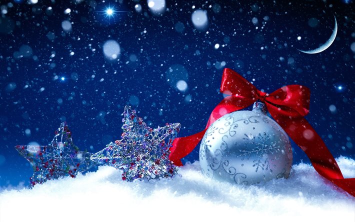 4k, snowfall, blue christmas balls, silver stars, Happy New Year, christmas decorations, xmas balls, snowflakes, Merry Christmas, new year concepts