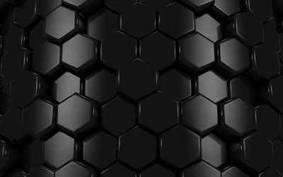 black hexagons, 4k, hexagons 3D texture, honeycomb, hexagons patterns, hexagons textures, 3D textures, black backgrounds