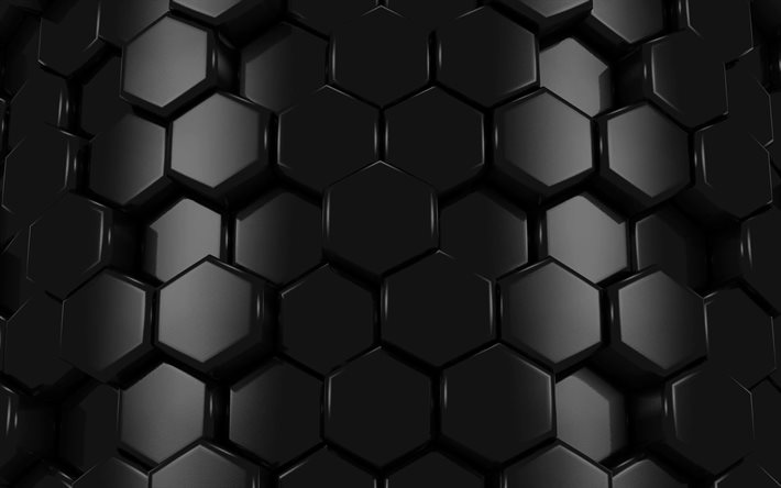 mustat kuusikulmaiset, 4k, kuusikulmaiset 3D-rakenne, kennomaiset, kuusikulmaiset kuviot, kuusikulmaiset tekstuurit, 3D-tekstuurit, mustat taustat