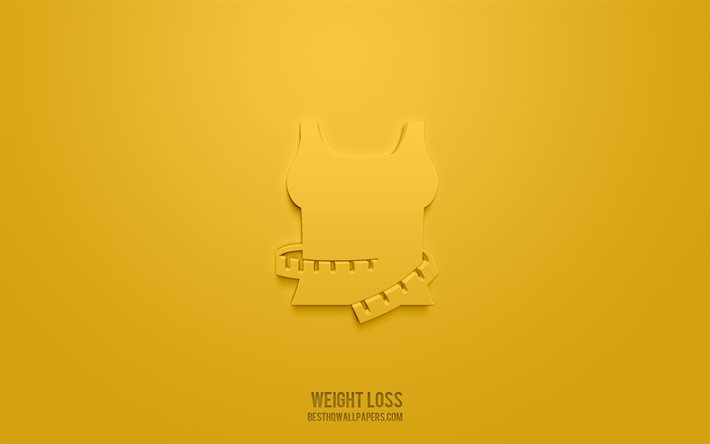 Icona 3d di perdita di peso, sfondo giallo, simboli 3d, perdita di peso, icone di salute, icone 3d, segno di perdita di peso, icone 3d di salute