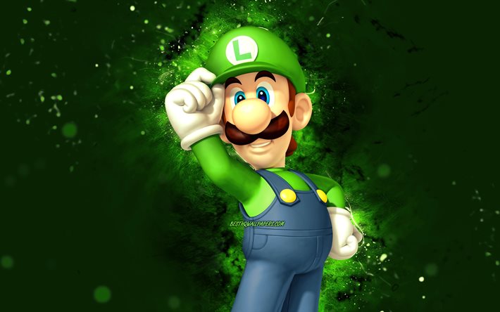 Luigi, 4k, encanador de desenho animado, luzes de n&#233;on verdes, Super Mario, criativo, personagens de Super Mario, Super Mario Bros, Luigi Super Mario