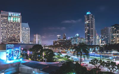 San Diego, gece, Amerikan şehirleri, San Diego şehir manzarası, sokaklar, Kaliforniya, ABD