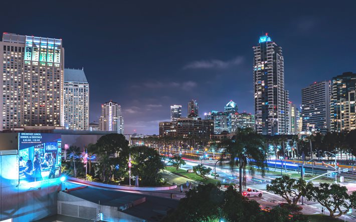 San Diego, noite, cidades americanas, paisagem urbana de San Diego, ruas, Calif&#243;rnia, EUA