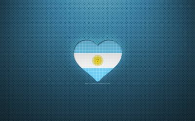 Arjantin&#39;i seviyorum, 4k, G&#252;ney Amerika &#252;lkeleri, mavi noktalı arka plan, Arjantin bayrağı kalp, Arjantin, favori &#252;lkeler, Arjantin seviyorum, Arjantin bayrağı