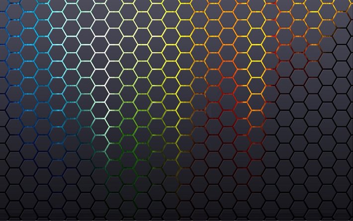 hexagones abstraits, 4k, motif lin&#233;aire hexagones, texture 3D hexagones, nid d&#39;abeille, motifs hexagones, textures hexagones, textures 3D, fonds noirs, motifs lin&#233;aires