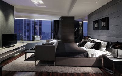 stylish bedroom interior design, gray walls in the bedroom, stylish apartments, modern interior design, bedroom project