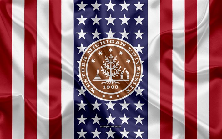 emblem der western michigan university, amerikanische flagge, logo der western michigan university, kalamazoo, michigan, usa, western michigan university