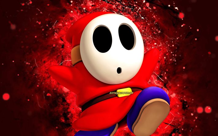 Shy Guy, 4k, fantasma, luzes de n&#233;on vermelhas, Super Mario, criativo, personagens do Super Mario, Super Mario Bros, Shy Guy Super Mario