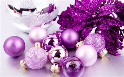 4k, violet tinsel, violet christmas balls, Happy New Year, christmas decorations, xmas balls, violet christmas backgrounds, new year concepts, Merry Christmas