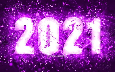 Happy New Year 2021, 4k, violet neon lights, 2021 violet digits, 2021 concepts, 2021 on violet background, 2021 year digits, creative, 2021 New Year