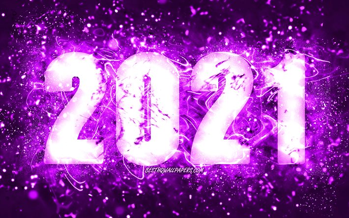 Happy New Year 2021, 4k, violet neon lights, 2021 violet digits, 2021 concepts, 2021 on violet background, 2021 year digits, creative, 2021 New Year