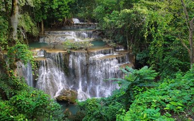 Cascata Huai Mae Khamin, bella cascata, giungla, cascate, Khuean Srinagarindra National Park, Thailandia