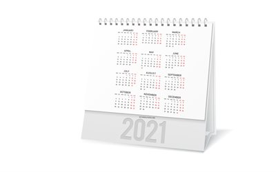 Calendario 2021, sfondo bianco, 4K, calendario da tavolo 2021, 2021 calendario di tutti i mesi, 2021 anno nuovo
