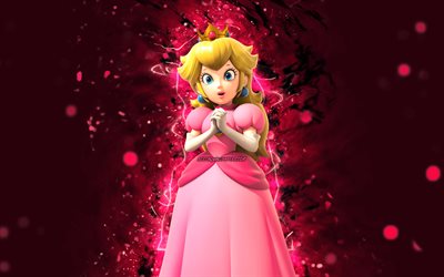 Princess Peach, 4k, cartoon princess, purple neon lights, Super Mario, creative, Super Mario characters, Super Mario Bros, Princess Peach Super Mario