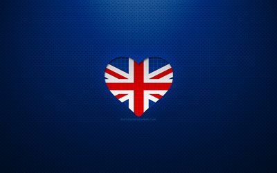 Eu amo Reino Unido, 4k, Europa, fundo azul pontilhado, cora&#231;&#227;o da bandeira brit&#226;nica, Reino Unido, pa&#237;ses favoritos, Amor Reino Unido, bandeira brit&#226;nica, bandeira do Reino Unido