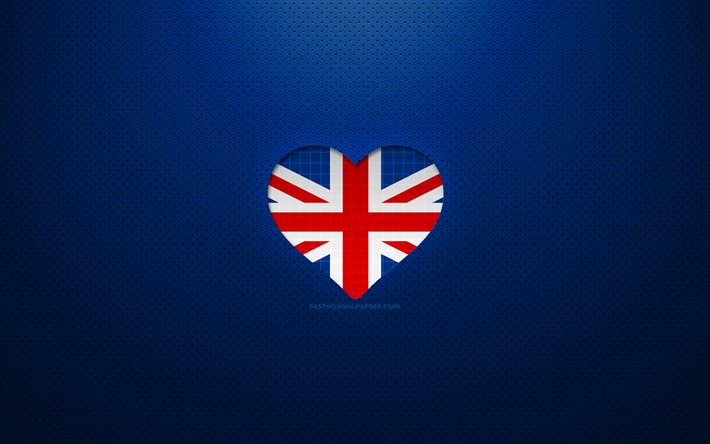 J&#39;aime Royaume-Uni, 4k, Europe, fond pointill&#233; bleu, coeur de drapeau britannique, Royaume-Uni, pays pr&#233;f&#233;r&#233;s, amour Royaume-Uni, drapeau britannique