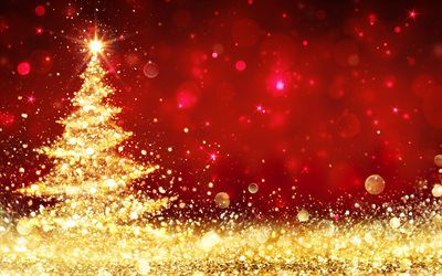 golden xmas tree, 4k, abstract art, red glare background, Happy New Year, Merry Christmas, xmas trees, abstarct xmas tree