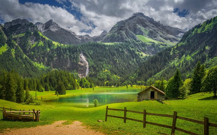 Lac Lauenen, Berne, lac de montagne, Alpes, paysage de montagne, for&#234;t, montagnes, Lauenen, Suisse