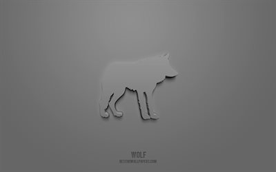 wolf 3d symbol, grauer hintergrund, 3d symbole, wolf, tiere symbole, wolf zeichen, tiere 3d symbole