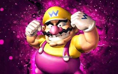 Wario, 4k, cartoon plumber, violet neon lights, Super Mario, creative, Super Mario characters, Super Mario Bros, Wario Super Mario